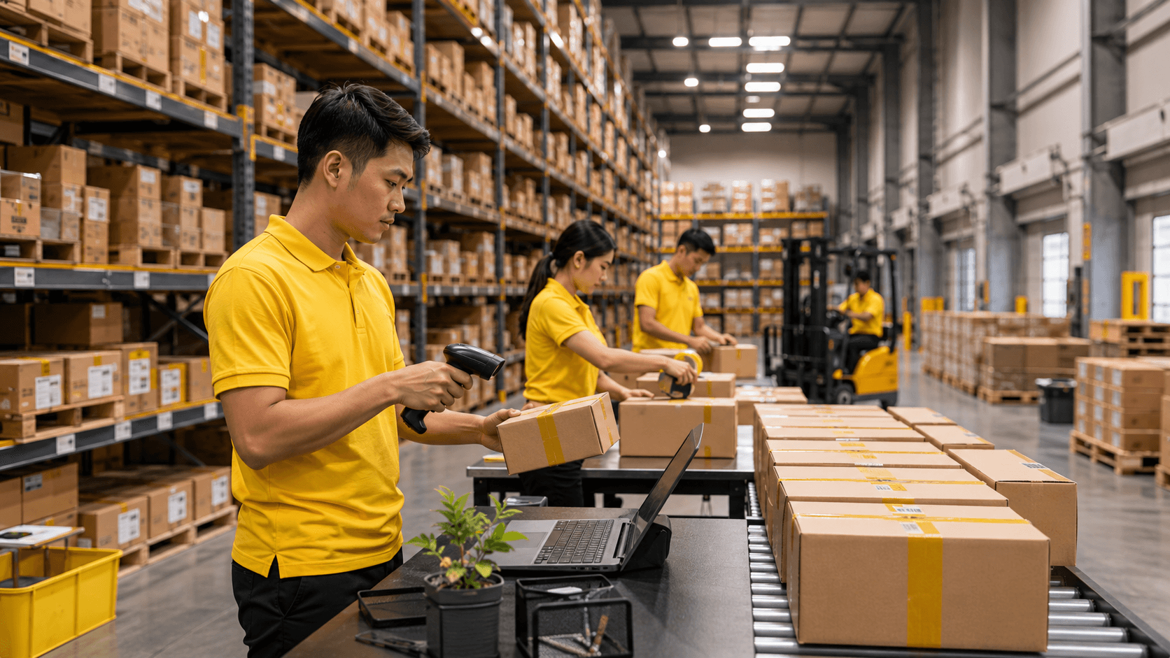 Kitting and packing product preparation line with boxes barcode labels and packing tables